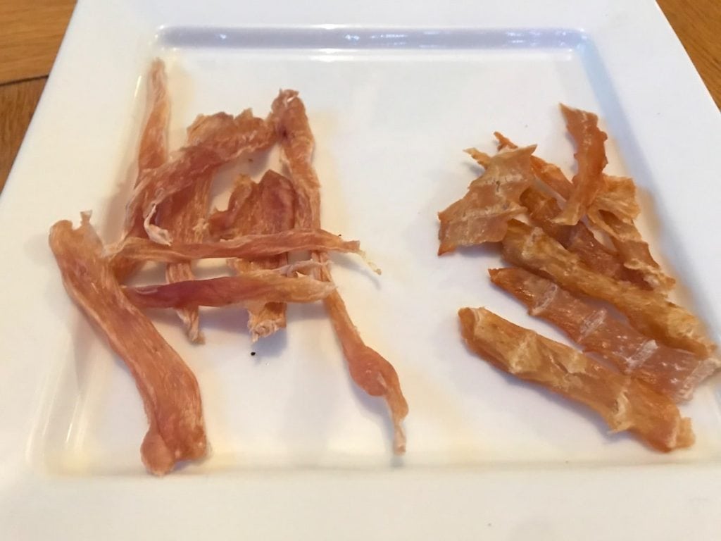Homemade chicken jerky recipe for dogs - cooked in oven and dried in dehydrator