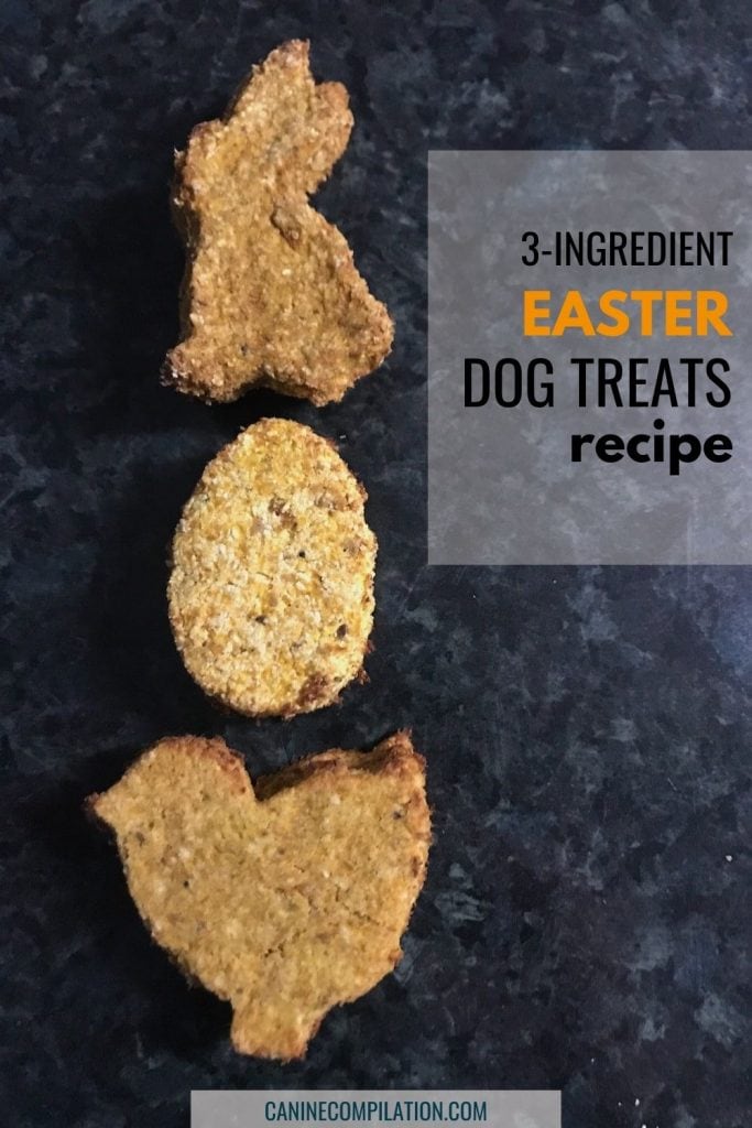 photo of shaped dog treat and text - 3 ingredient Easter dog treats recipe
