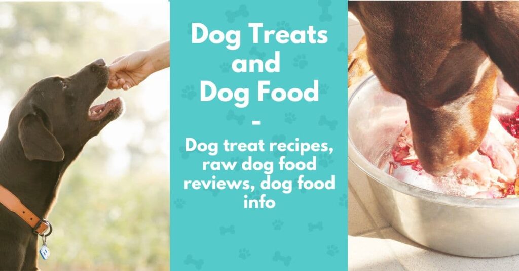image of dogs eating dog treats, with text 'dog treats and dog food'